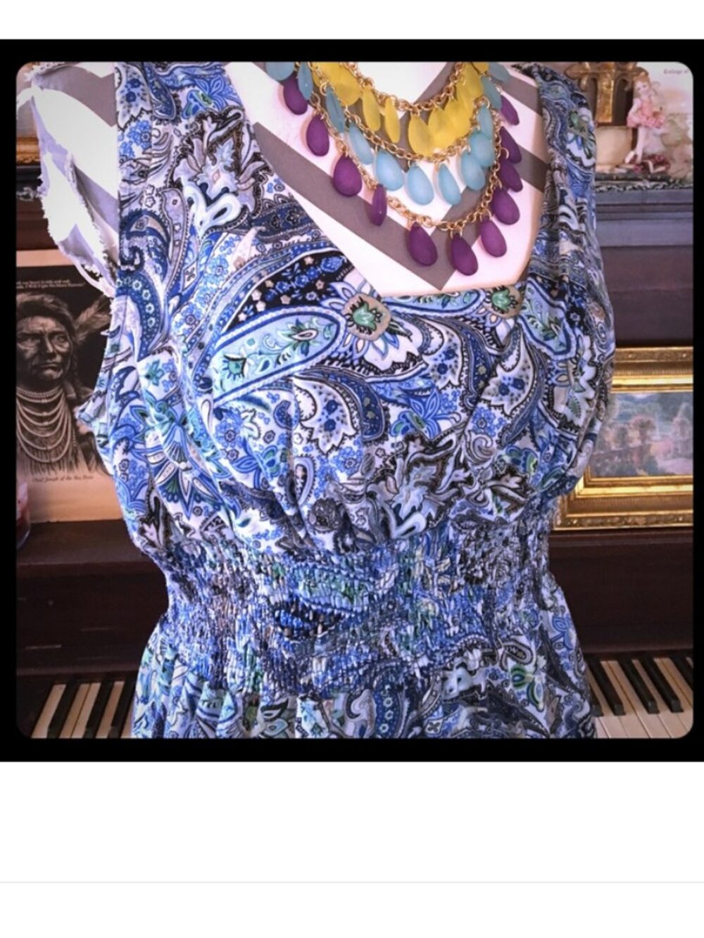Faded Glory Blue Paisley Print Smocked Midi Tank Dress